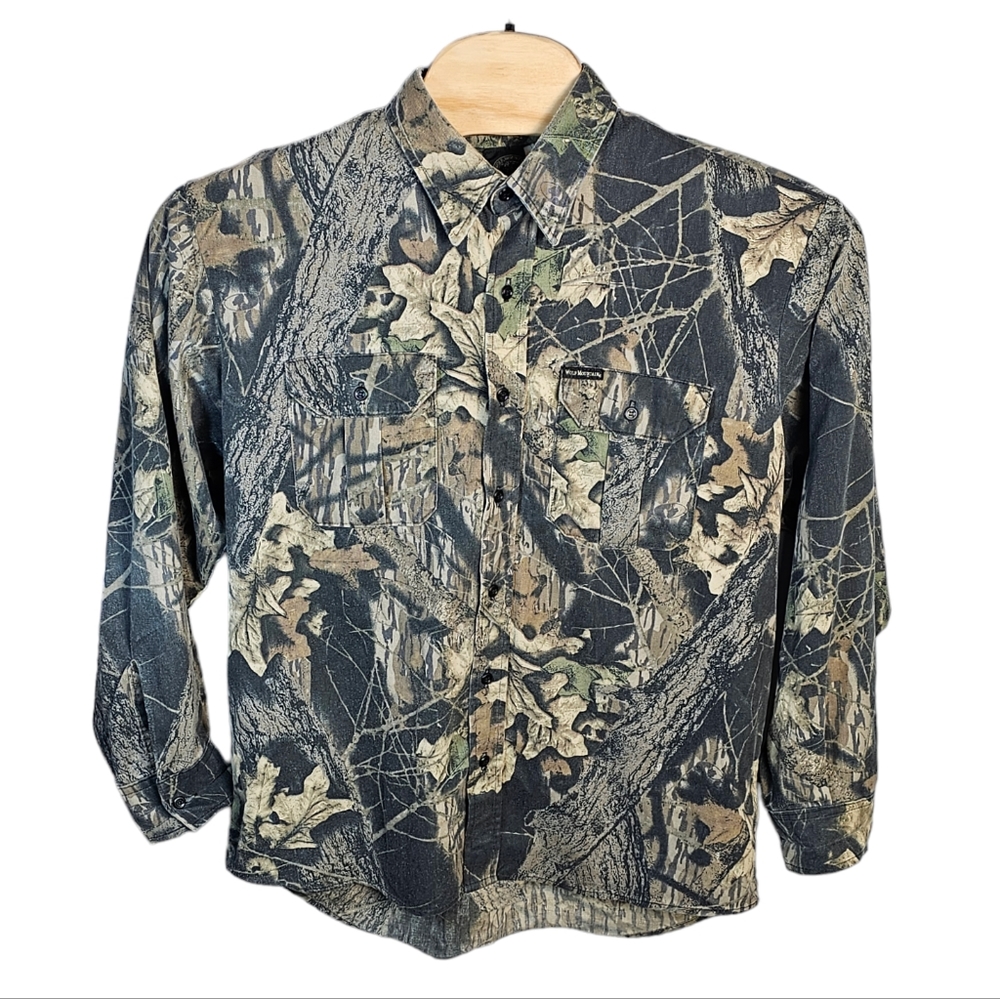 Wolf Mountain Vintage Long‎ Sleeve Button-Up Hunting Camo Mossy Oak Shirt 2XL